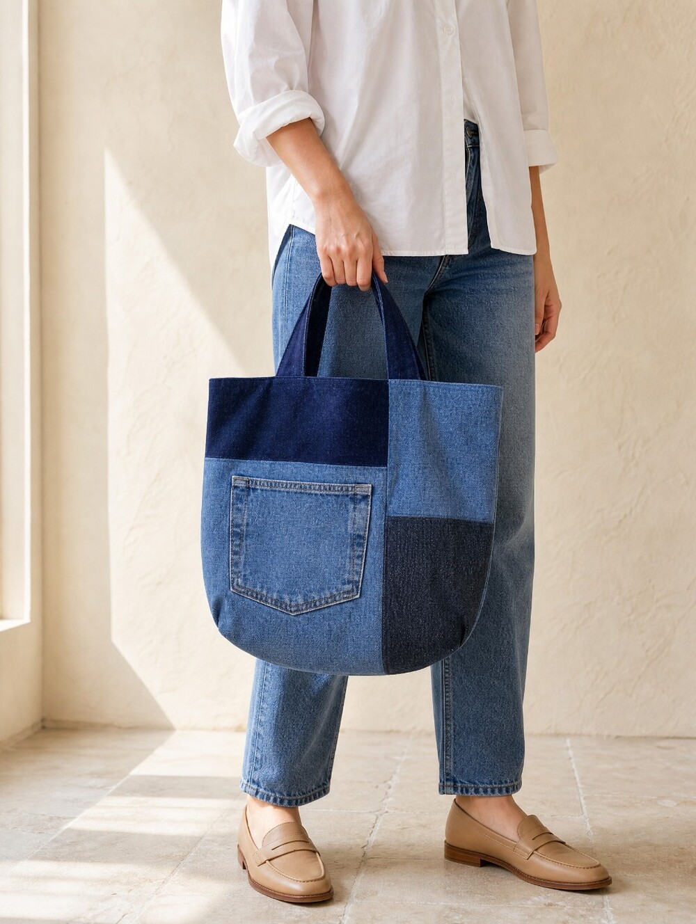 Denim patchwork tote bag